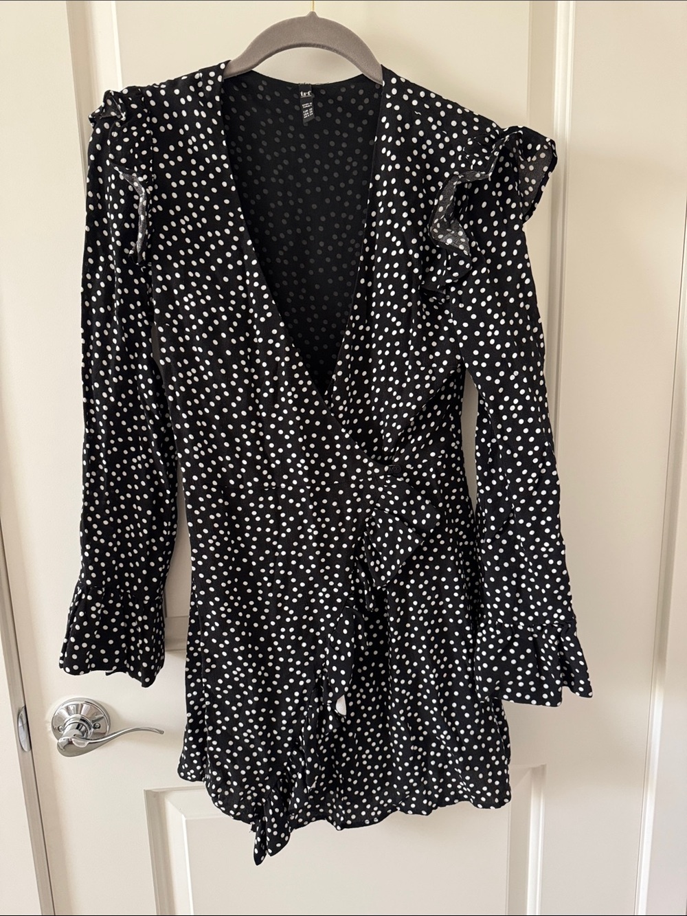 Black/White Polka Dot Ruffle Wrap Dress